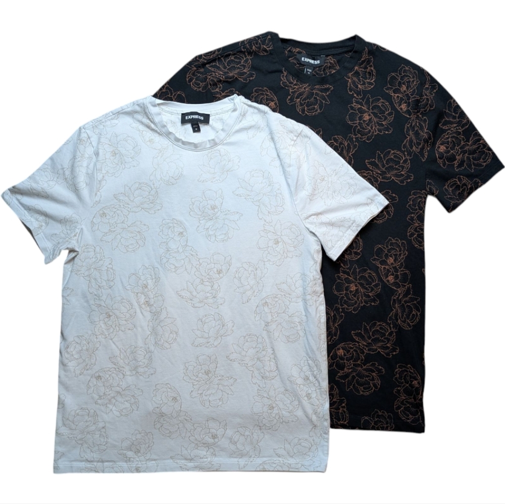Express Men's T-Shirts Bundle of 2 Black and White Floral Stretch Size Medium